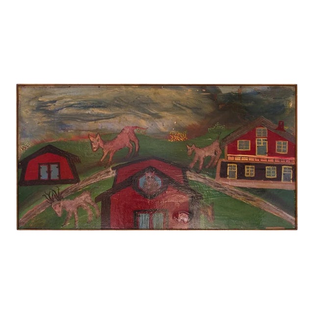 Outsider Art "Deer and Houses" Oil on Panel Landscape by Bruno Del Favero For Sale