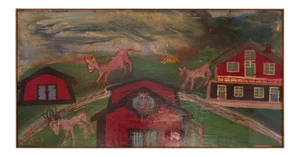 Outsider Art "Deer and Houses" Oil on Panel Landscape by Bruno Del Favero
