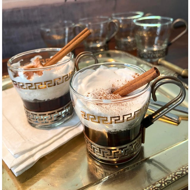 Glasses in Copper Holder with Greek Key Details - Set of 6 For Sale In Los Angeles - Image 6 of 13