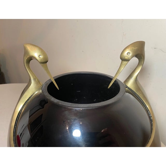 Metal Vintage Black Amethyst Glass Brass Art Deco Bird Decorative Spherical Vase For Sale - Image 7 of 14