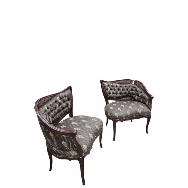 Wood Antique Victorian Rococo Revival Asymmetrical Caned Ladies’ Conversation Chairs - Pair For Sale - Image 7 of 12