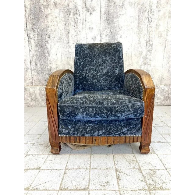 Textile Art Deco Blue Velvet Lounge Chair For Sale - Image 7 of 7