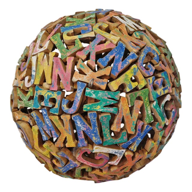 Vintage Rustic Colorful Large Wood Alphabet Ball For Sale