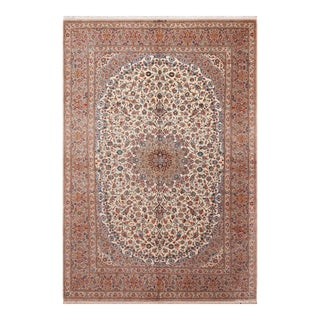 Nazmiyal Collection Ivory Background Floral Medallion Vintage Qum Silk Persian Rug For Sale