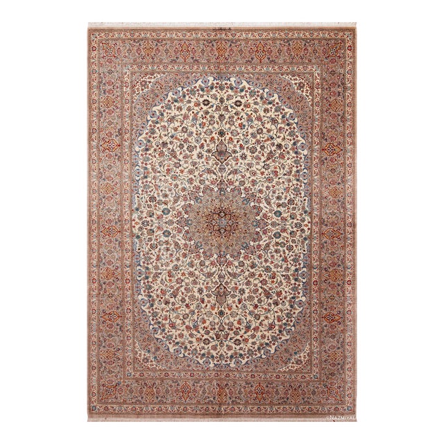Nazmiyal Collection Ivory Background Floral Medallion Vintage Qum Silk Persian Rug For Sale
