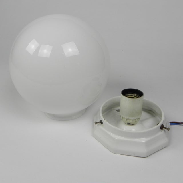 White Art Deco Ceiling Lamp with Round Glass Ball and Porcelain Fixture, 1930s For Sale - Image 8 of 15