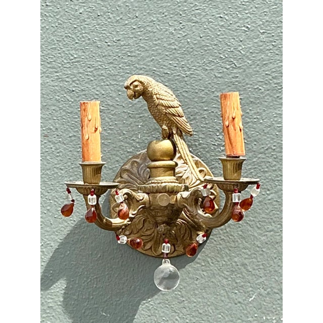 Mid 20th Century Vintage Brass and Crystal Parrot Sconce For Sale - Image 5 of 12