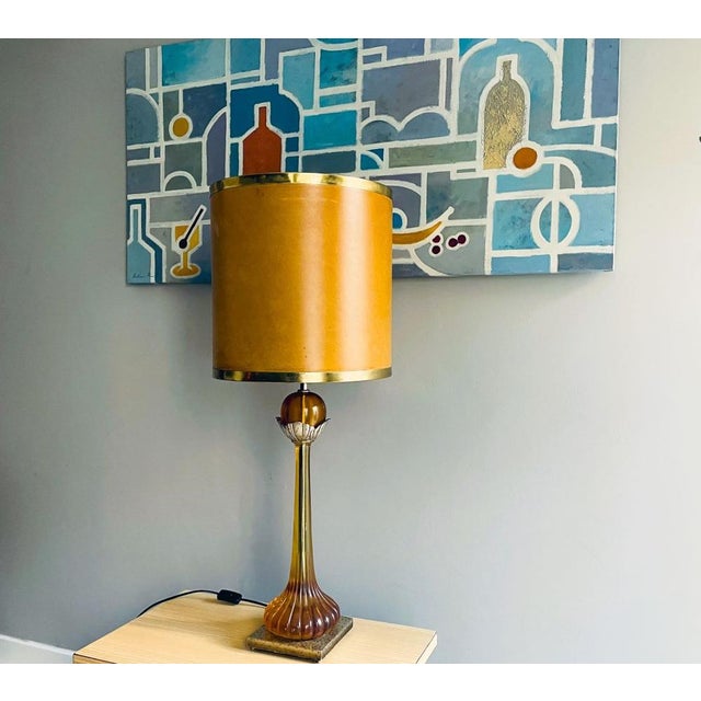 Large Regency Style Amber Acrylic Glass Buffet Table Lamp with Brown Drum Lampshade, 1970s For Sale - Image 4 of 16