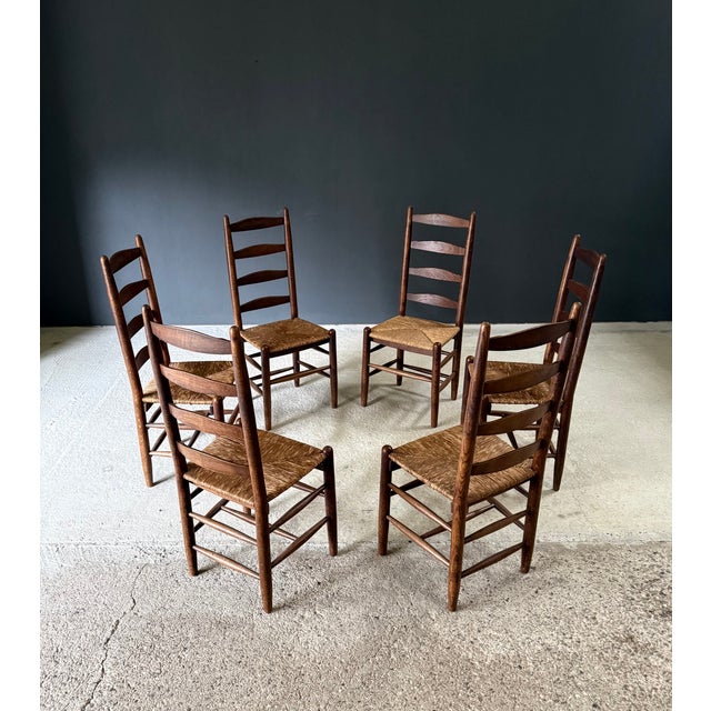Rustic High Ladder Back Oak and Rush Dining Chairs, Belgium, 1950s, Set of 6 For Sale - Image 11 of 18
