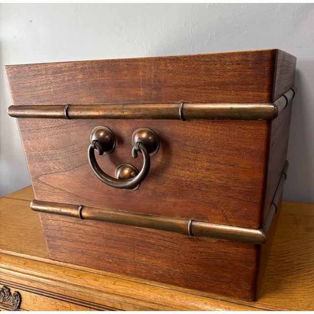 This stunning vintage English hardwood and copper planter evokes the charm and craftsmanship of a Georgian-era wine...