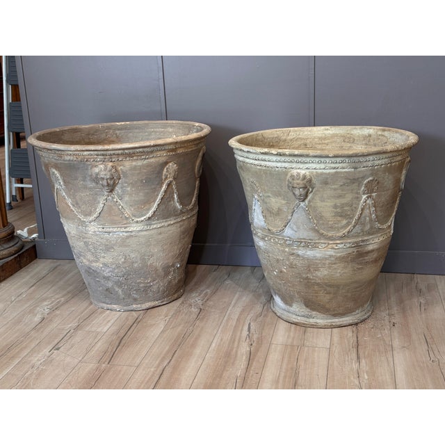Neoclassical Pair of 19th Century Neapolitan Terracotta Garden Pots With Masks and Swags For Sale - Image 3 of 12