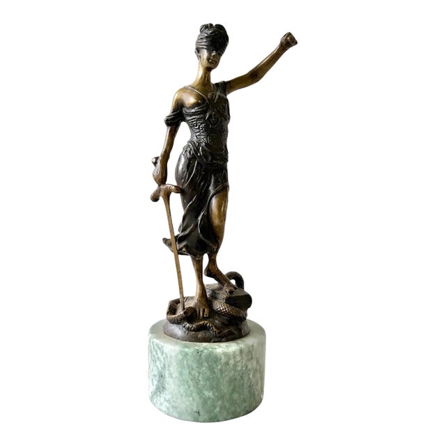 Early 20th Century Art Deco Bronze Statue of Lady Justice Mounted on Green Marble Base, Signed by Artist Alois Mayer For Sale