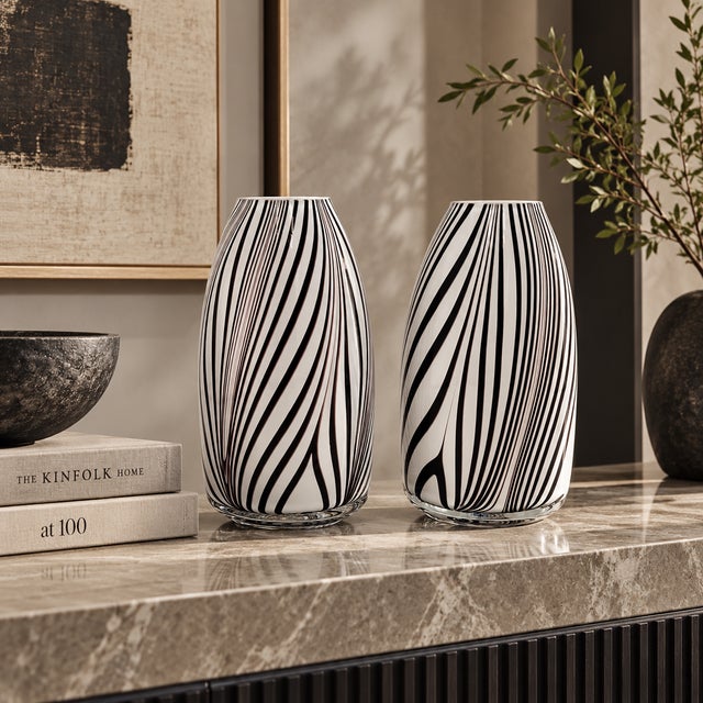 Mid-Century Modern Pair Hand-Blown Art Glass Vases White Oxblood Striped Murano Style MCM For Sale - Image 3 of 9