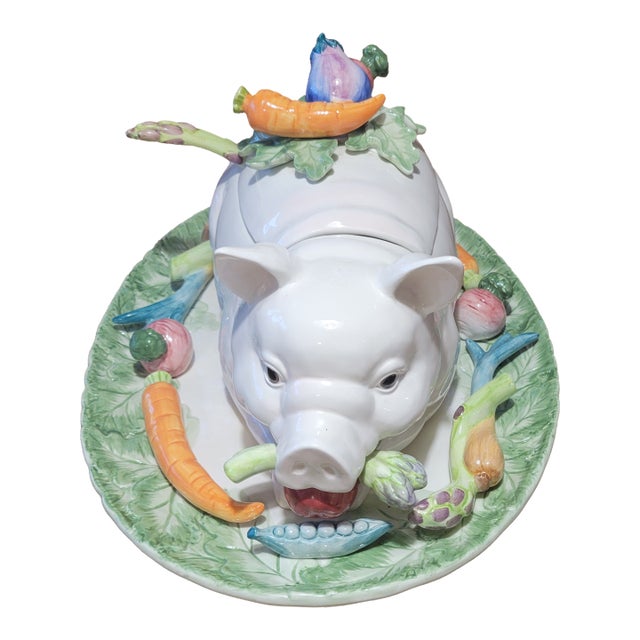 Fitz and Floyd Ceramic Pig Tureen With Tray For Sale