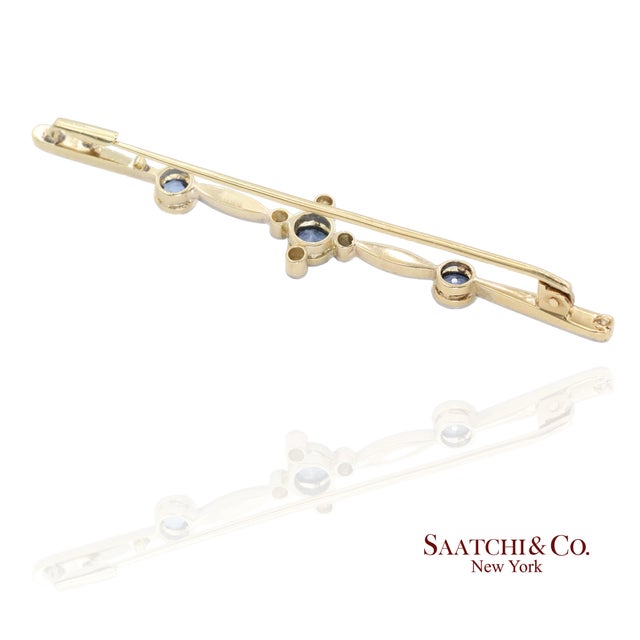Mid 20th Century Gia 14k Yellow and White Gold Natural Sapphire Yogo Gulch and Diamond Brooch For Sale In New York - Image 6 of 11