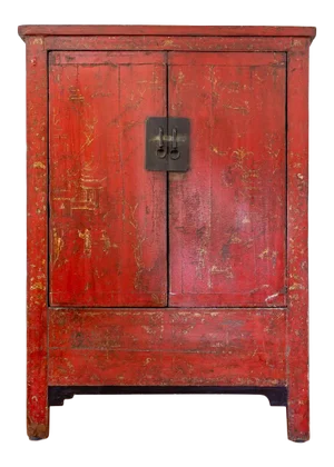 19th Century Qing Red Lacquered Chinese Wedding Cabinet Armoire