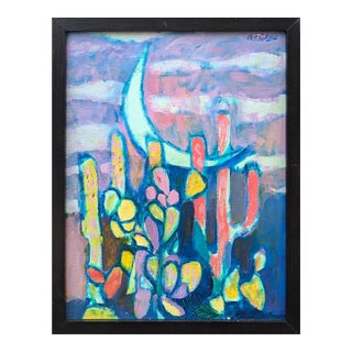 David Adickes "Crescent and Cactus" Modern Abstract Colorful Desert Night Landscape Painting, 1980's For Sale