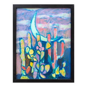 David Adickes "Crescent and Cactus" Modern Abstract Colorful Desert Night Landscape Painting, 1980's