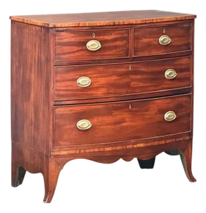 English Bow Front Chest of Inlaid Flame-Cut Mahogany