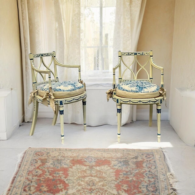 Adam Style Painted Blue & White Needlepoint & Cane Carved Bergere ...