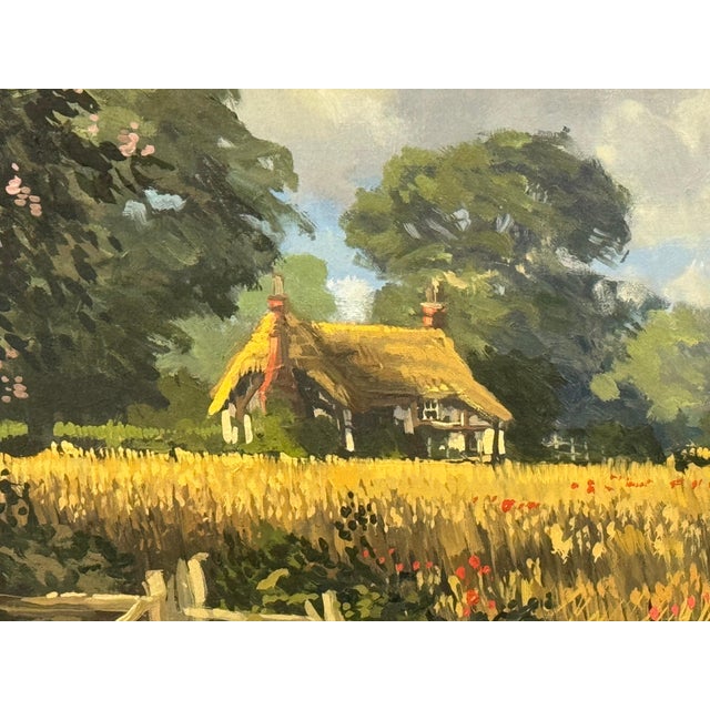 Wood John Miller Thatched Cottages with Wild Flowers & Village Church in the English Countryside 1985 Circa For Sale - Image 7 of 18