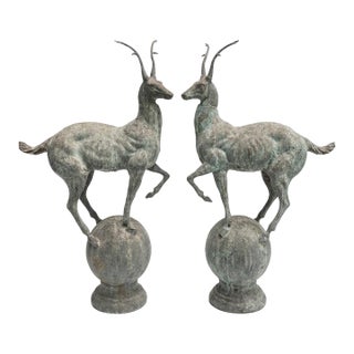 Pair of Neoclassical Cast Iron Gazelle Garden Ornaments on Spherical Finial Bases For Sale