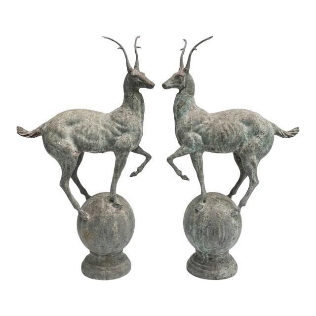 Pair of Neoclassical Cast Iron Gazelle Garden Ornaments on Spherical Finial Bases For Sale