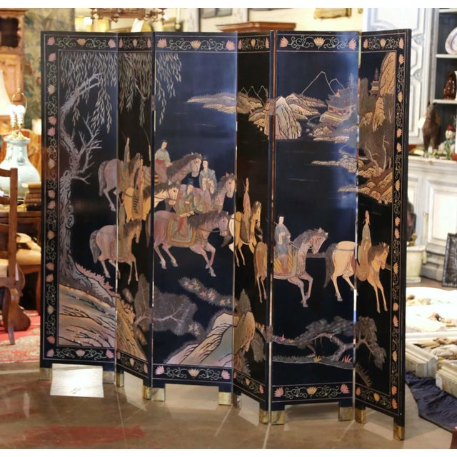 Early 20th Century Chinese Lacquered Ebonized Six-Panel Decorative Screen For Sale - Image 13 of 13