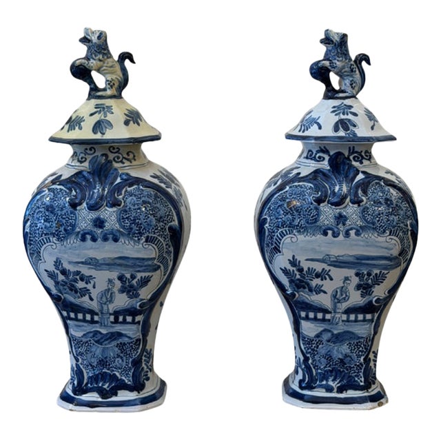 Pair of Delft Covered Urns For Sale