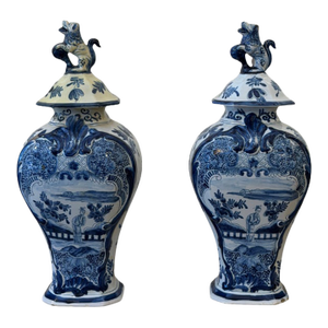 Pair of Delft Covered Urns
