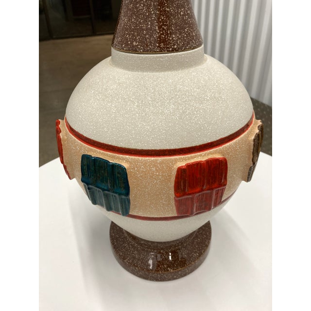 Paint Mid-Century Modern Tall Glazed Ceramic Painted Single Gourd Table Lamp and Barrel Shade - a Pair For Sale - Image 7 of 13