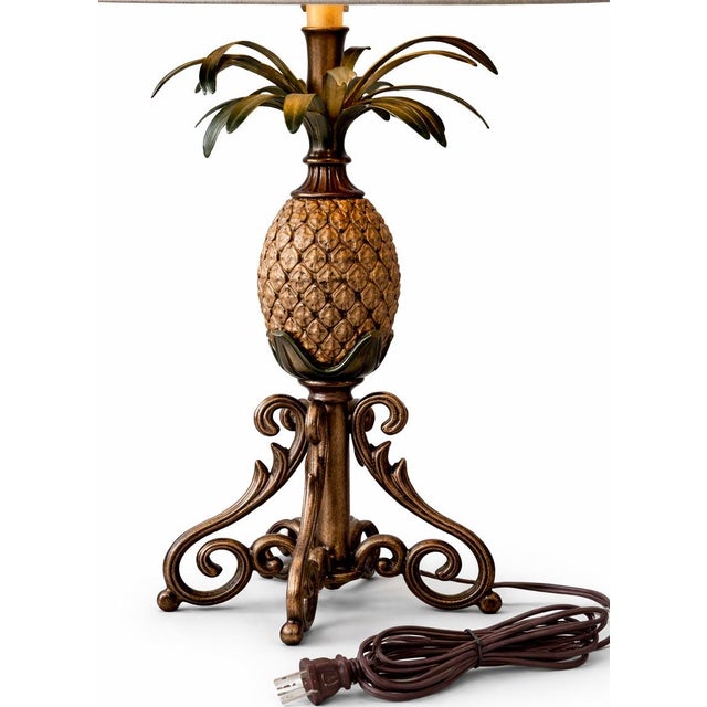 Late 20th Century Solid Metal Pineapple Table Lamp With Scroll Base and Original Gray Shade For Sale - Image 12 of 12