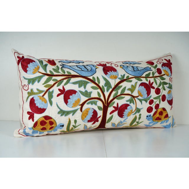 Mid-Century Modern Tree of Life Suzani Pillow Cover, Uzbek Cotton, Vintage Handmade (16'' X 34'') For Sale - Image 3 of 5