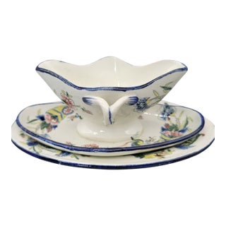 19th Century Faience De Gien French Hand Painted Earthenware Sauce Boat With Attached Underplate and Additional Oval Plate For Sale