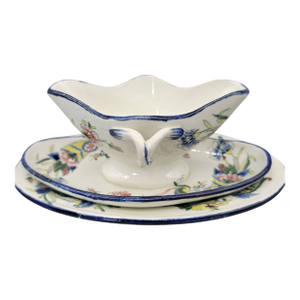 19th Century Faience De Gien French Hand Painted Earthenware Sauce Boat With Attached Underplate and Additional Oval Plate