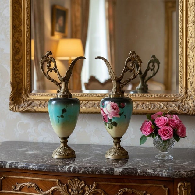 Teal Victorian Austrian Hand Painted Ewers Pair-Griffin-Green Man-Bronze-Antique-Rose For Sale - Image 8 of 11