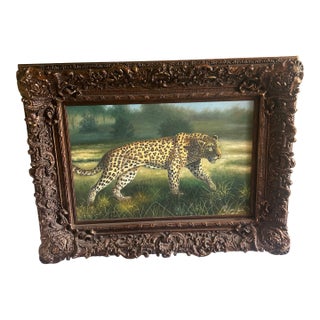 1960s Stunning Substantial Gold Gilded Frame Leopard Painting For Sale