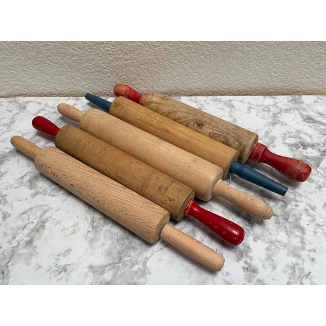 Farmhouse Vintage Rustic Wood Set of Assorted Rolling Pins, Set of Six With Black Metal Basket For Sale - Image 3 of 10