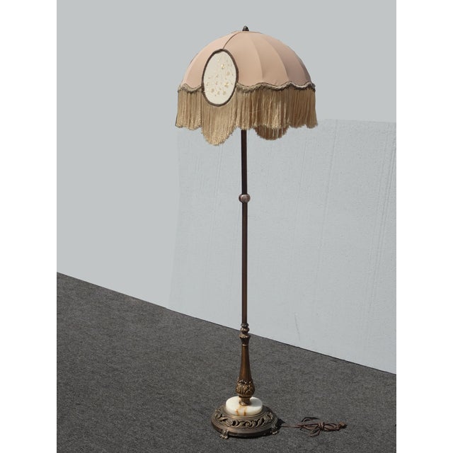 1930s Vintage French Victorian Floor Lamp Light W Fringed Lamp Shade & Onyx Base For Sale - Image 5 of 12