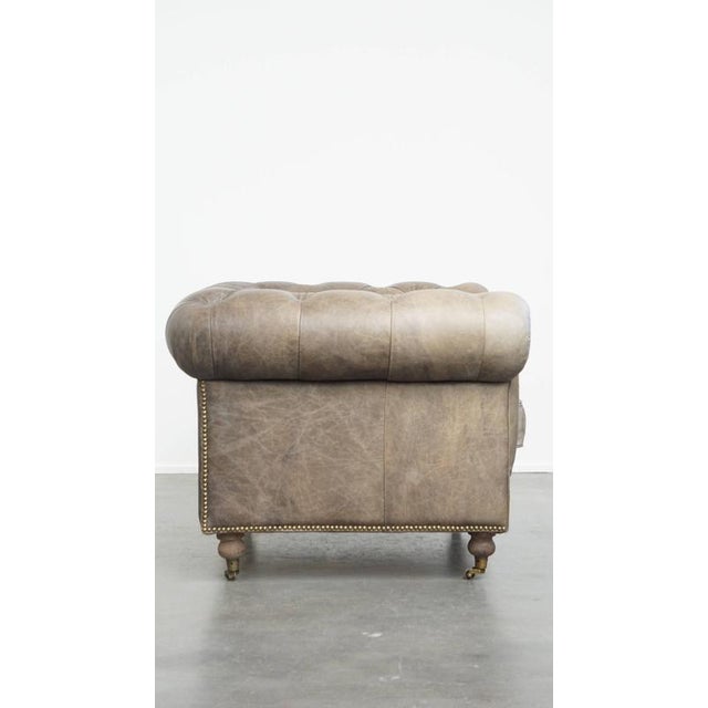 English Chesterfield Gray Cowhide Club Armchair on Wheels For Sale - Image 3 of 15