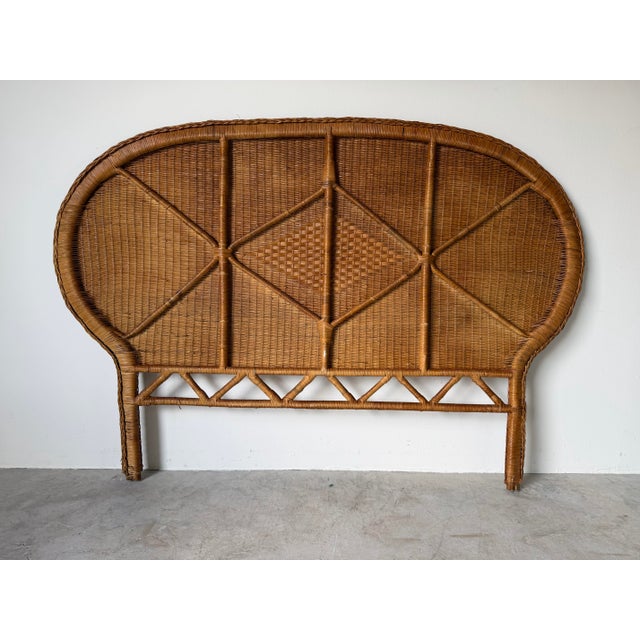 Brown Vintage Coastal Boho-Chic Arched Rattan & Wicker Queen Size Headboard With Woven Diamond Accent For Sale - Image 8 of 13