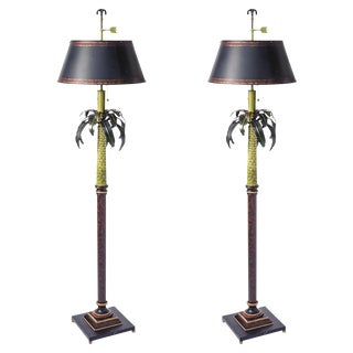Tole Palm Tree Floor Lamps & Shades - A Pair For Sale