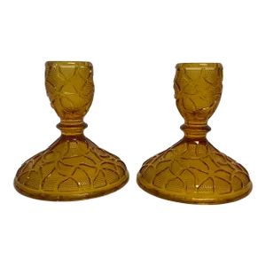 1940s Depression Era Sandwich Glass Company Amber Pressed Glass Candle Holders - A Pair