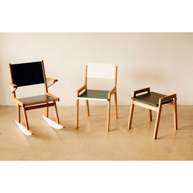 Set of 3 formica chairs by owl dimensions: stool h 50 x w 45 x d 45 cm, seat h: 45 cm rocker h 85 x w 60 x d 80 cm, seat...