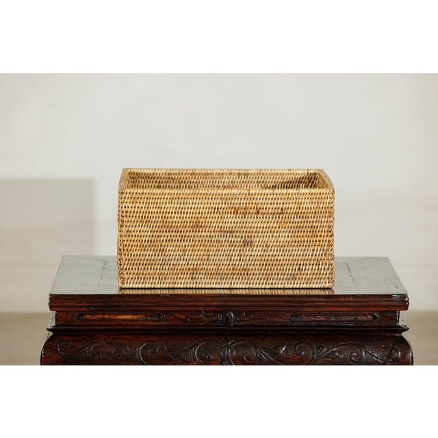 Vintage Handwoven Rattan Rectangular Storage Basket in Natural Honey Tone For Sale - Image 17 of 18