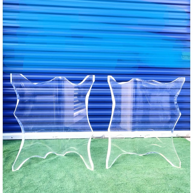 An incredible pair of massive Lucite Mid century Modern Charles Hollis Jones style pair of iceberg dining table bases. The...