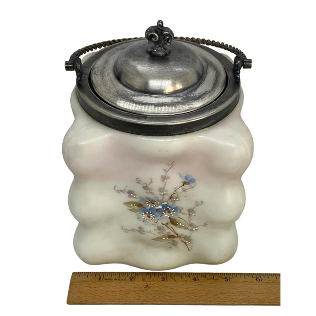 Late 19th Century C.F. Monroe Glass Wavecrest Floral Decorated Opal Ware Biscuit Cracker Barrel With Silver Plated Handle and Lid For Sale - Image 9 of 13
