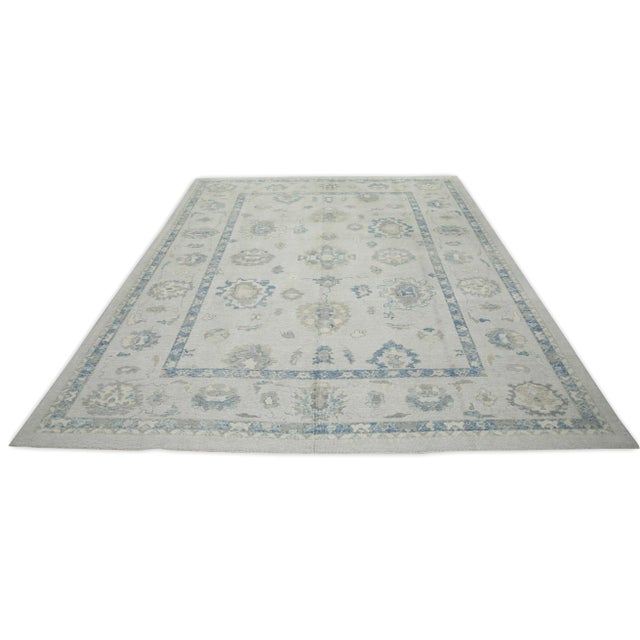 Early 21st Century Blue Floral Design Handwoven Wool Turkish Oushak Rug 9'4" X 11'5" For Sale In Houston - Image 6 of 8