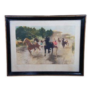 Late 20th Century Trevor James Co Horse Race at Hippodrome De Vincennes Colored Etching Equestrian