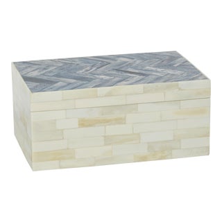 Mahar Bone Box with Blue Herringbone Pattern Lid, Large For Sale